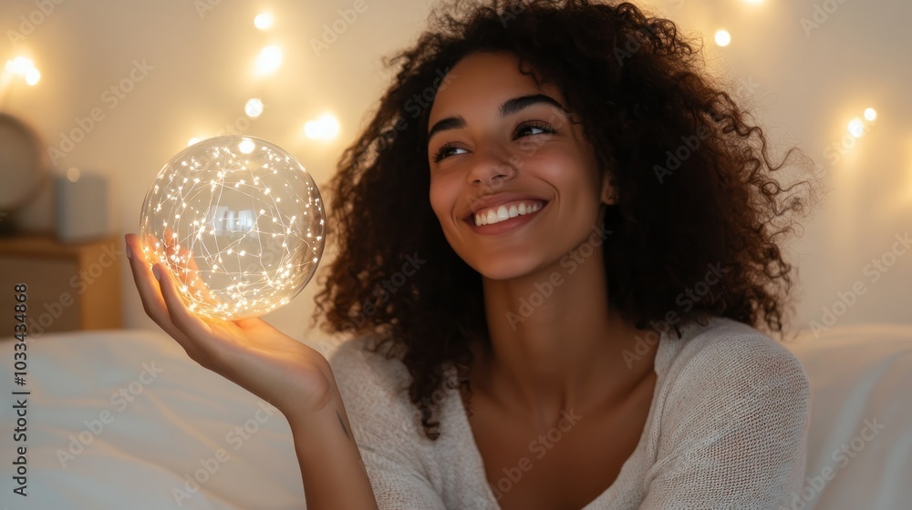 Naklejka premium A young woman with curly hair smiles and holds a glowing orb, surrounded by fairy lights, reflecting on her dreams and aspirations.