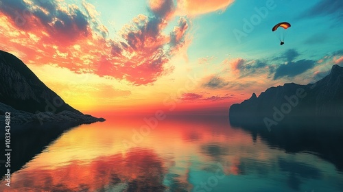 A paraglider flies over a calm sea at sunset, with mountains on either side.  The sky is ablaze with vibrant colors, reflecting in the water.