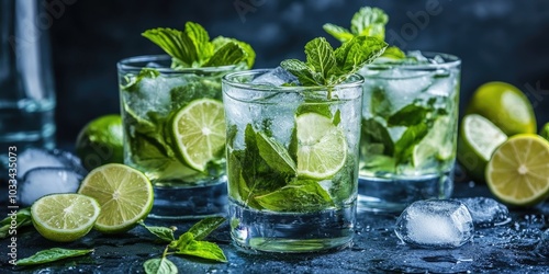 Wallpaper Mural A few glasses filled with freshly prepared mojito cocktails, garnished with limes and ice. Torontodigital.ca