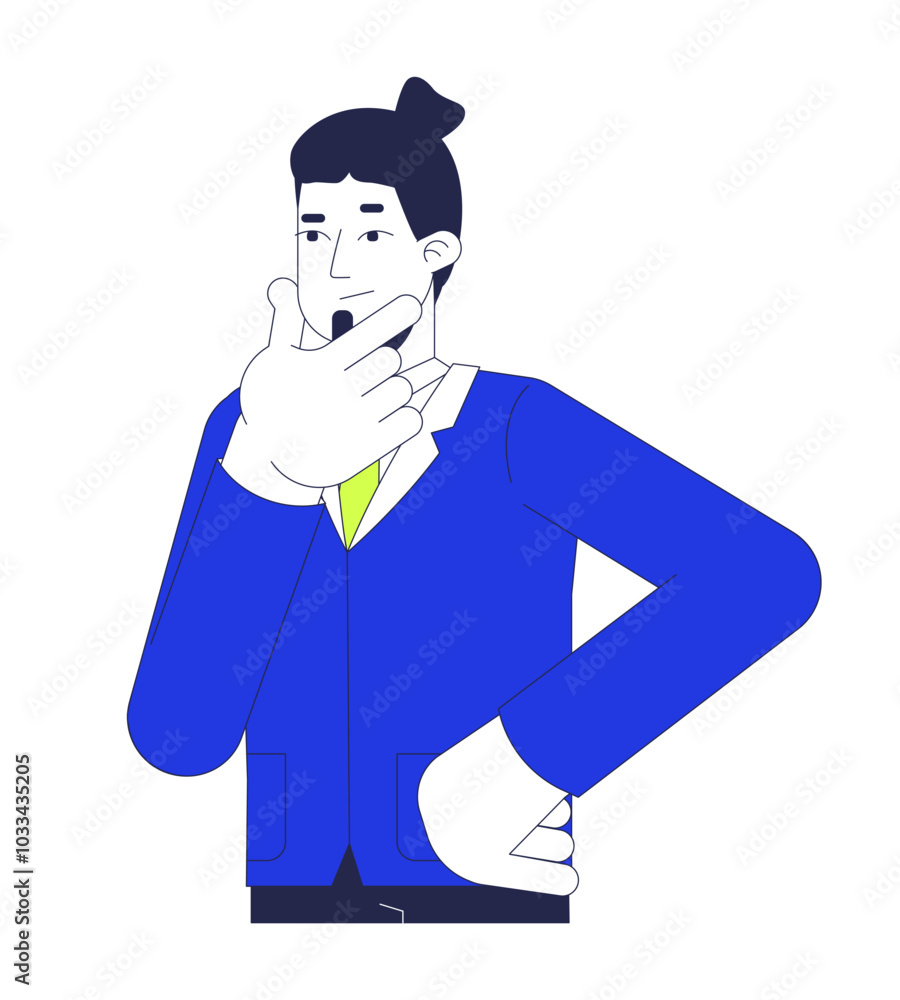 Caucasian male office worker rubbing chin 2D cartoon character. Business suit employee thoughtful pensive stroking chin isolated person flat vector on white background. Spot illustration colorful Caucasian male office worker rubbing chin 2D cartoon character. Business suit employee thoughtful pensive stroking chin isolated person flat vector on white background. Spot illustration colorful