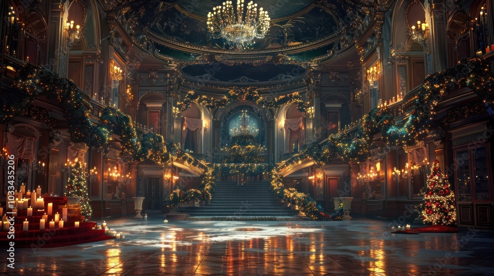Elegant and lavish Christmas in a grand palace ballroom featuring a magnificent chandelier ornate a luxurious festive atmosphere Elegant and lavish Christmas in a grand palace ballroom featuring a magnificent chandelier ornate a luxurious festive atmosphere