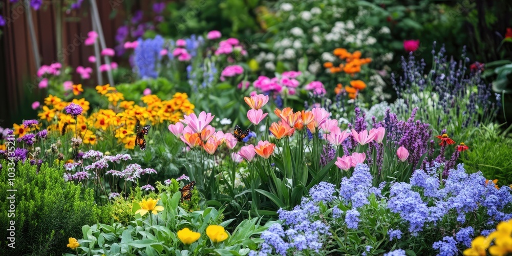 Elegant spring flowers with lovely blossoms illuminate the urban garden landscape with vibrant colors and provide pollination for insects such as bees and butterflies. Elegant spring flowers with lovely blossoms illuminate the urban garden landscape with vibrant colors and provide pollination for insects such as bees and butterflies.