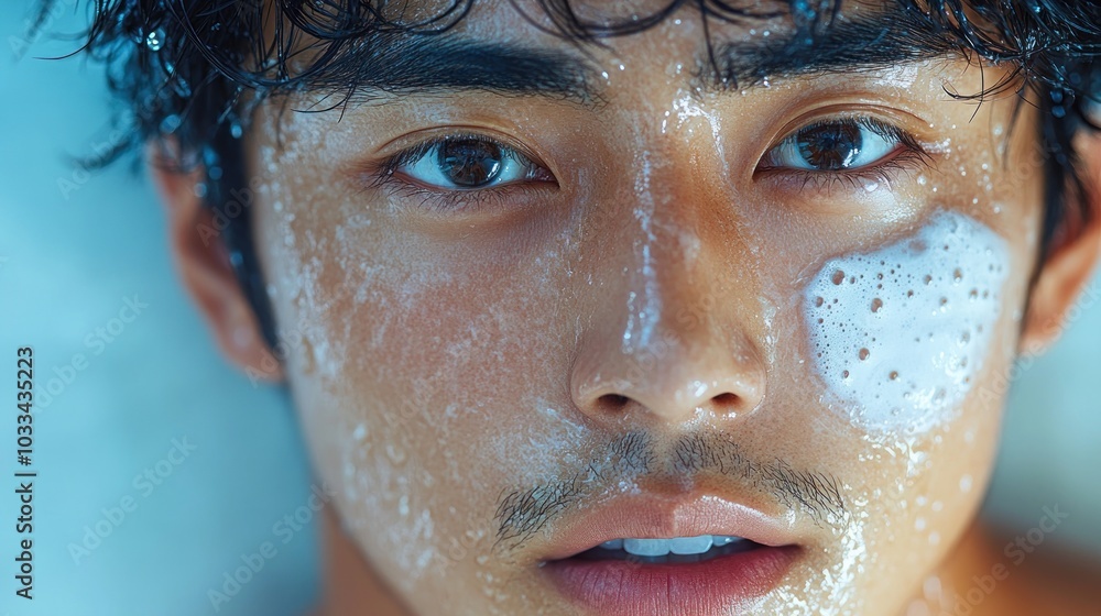 Close-up of a young man with facial cleansing foam on his skin. Close-up of a young man with facial cleansing foam on his skin.