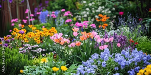 Elegant spring flowers with lovely blossoms illuminate the urban garden landscape with vibrant colors and provide pollination for insects such as bees and butterflies.