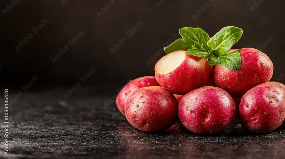 A stack of fresh red potatoes adorned with green leaves, set against a dark background, emphasizing the vibrant colors and freshness of the produce. A stack of fresh red potatoes adorned with green leaves, set against a dark background, emphasizing the vibrant colors and freshness of the produce.