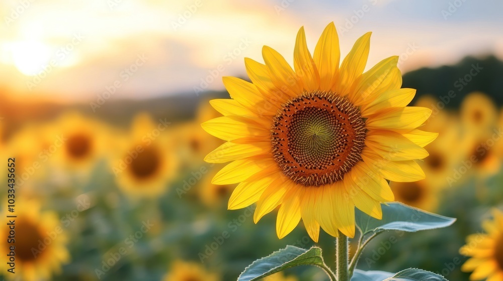 Obraz premium Single Sunflower in a Field at Sunset