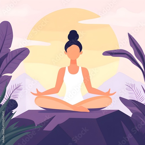 Wallpaper Mural Woman Meditating in Nature with Mountains and Sunset Torontodigital.ca