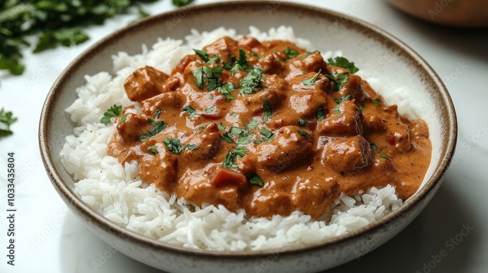 Creamy chicken curry served over fluffy white rice, garnished with herbs. Creamy chicken curry served over fluffy white rice, garnished with herbs.