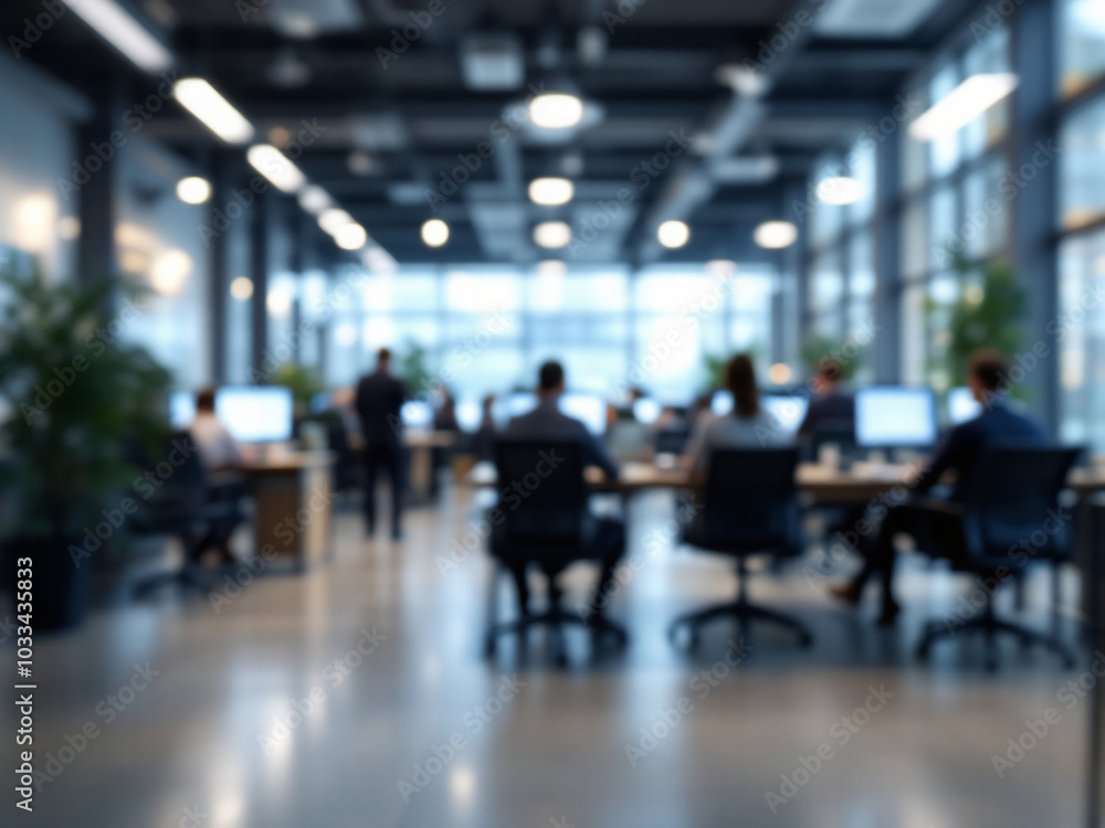A blurred image of a modern office space with people working at work A blurred image of a modern office space with people working at work