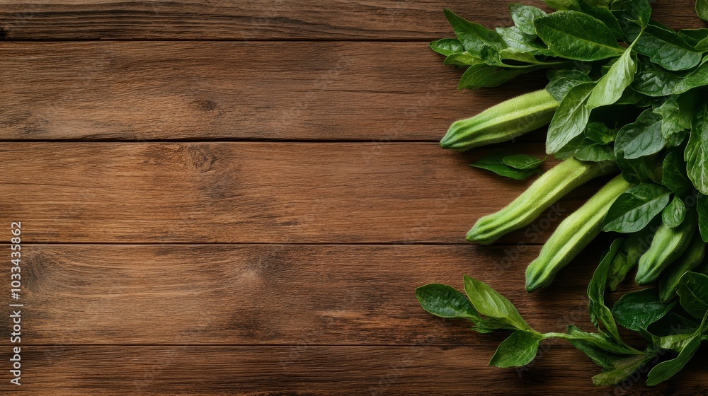 A selection of fresh green okra with leafy greens strategically positioned on rustic wooden planks, highlighting themes of freshness and culinary rusticity. A selection of fresh green okra with leafy greens strategically positioned on rustic wooden planks, highlighting themes of freshness and culinary rusticity.