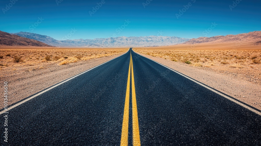 Naklejka premium An empty winding road stretching into the desert horizon under a clear blue sky