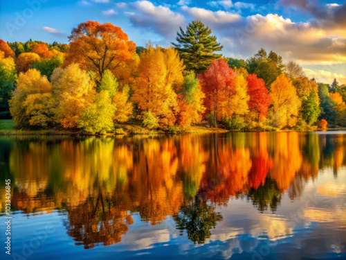 serene lake reflects vibrant hues of autumn trees, creating picturesque scene filled with warm colors and tranquility. beauty of nature is truly captivating