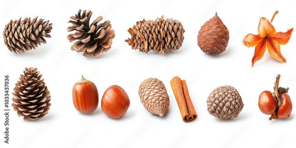 Isolated image featuring cones, physalis, chestnuts, cinnamon, and acorns set against a white background. Isolated image featuring cones, physalis, chestnuts, cinnamon, and acorns set against a white background.