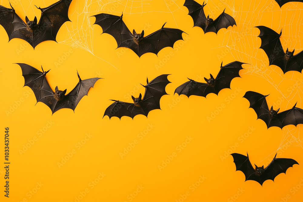 Bats and Webs on Vibrant Yellow Background Bats and Webs on Vibrant Yellow Background