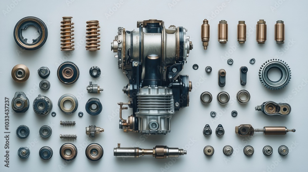 Detailed arrangement of mechanical engine components for assembly. Detailed arrangement of mechanical engine components for assembly.