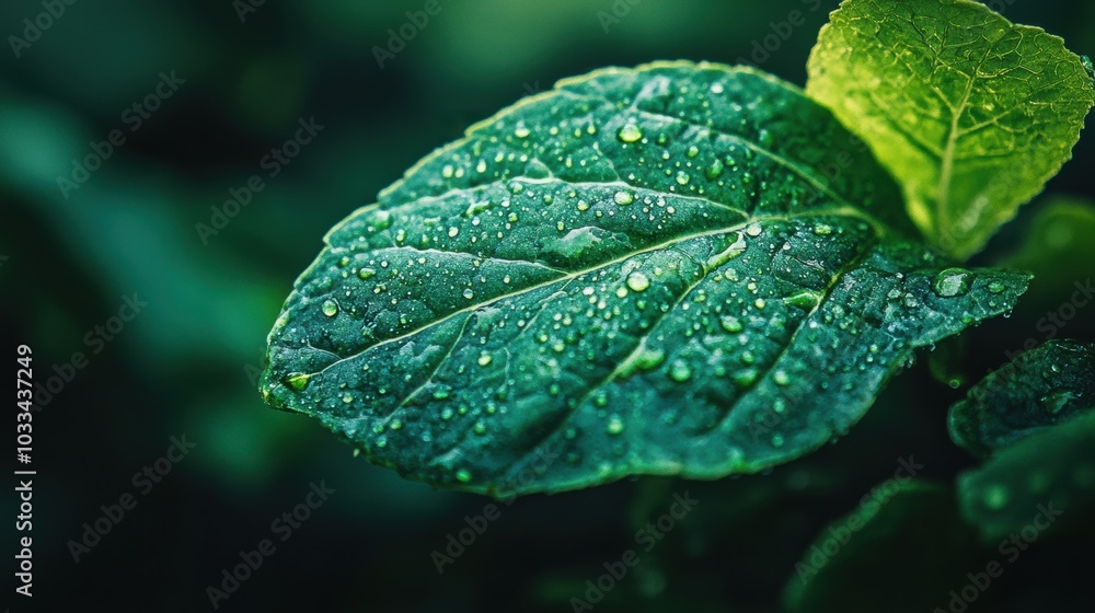 Close-up of a fresh green leaf with water droplets Close-up of a fresh green leaf with water droplets