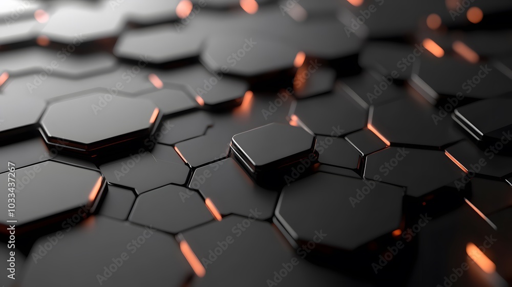 Abstract Black Hexagonal Surface with Orange Glowing Edges Abstract Black Hexagonal Surface with Orange Glowing Edges