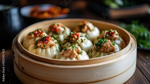 A bamboo steamer holds perfectly steamed buns garnished with green herbs and savory toppings, exuding irresistible warmth and a tempting aroma. photo