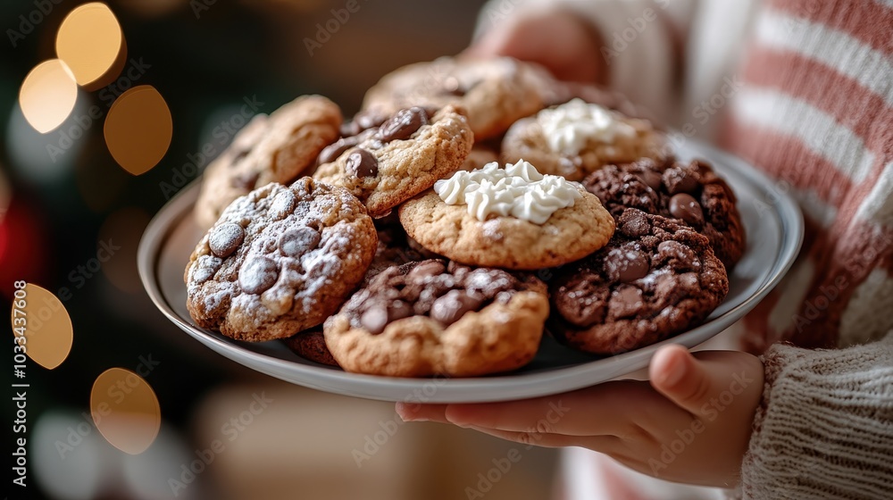 Close-up of a plate filled with different types of chocolate chip cookies, featuring variations like powdered sugar and chocolate-topped, held by a child. Close-up of a plate filled with different types of chocolate chip cookies, featuring variations like powdered sugar and chocolate-topped, held by a child.