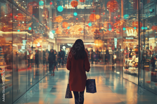 Happy woman with shopping bags walking through city or mall