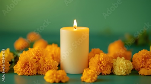 Candle surrounded by vibrant marigold flowers, warm ambiance, soft lighting