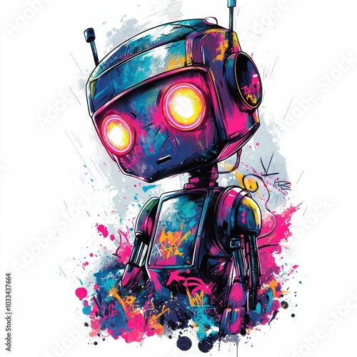 Captivating of a robot with glowing neon eyes featuring a vibrant graffiti inspired color design against an abstract digital background  This striking image showcases a futuristic photo