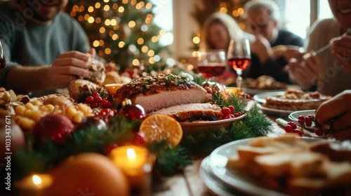 A cozy Christmas dining scene with roasted meat garnished with herbs, accompanied by festive sides, set against a backdrop of warm holiday decorations. photo