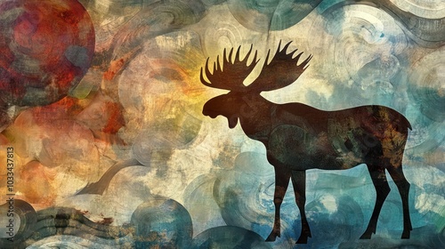 A stylized silhouette of a moose stands against a colorful, abstract background. photo