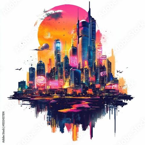 Stunning digital of a futuristic city skyline with neon signs bold graffiti elements and a vibrant color palette of bright abstract hues  This contemporary urban landscape showcases a modern photo