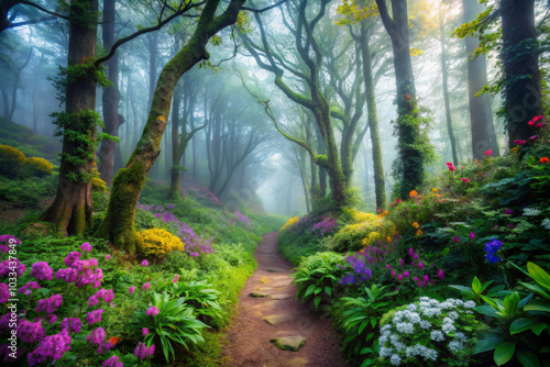 serene woodland trail surrounded by vibrant flowers and towering trees creates magical atmosphere. mist adds enchanting touch to this peaceful nature scene