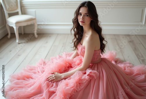 Elegant young woman in a pink dress posing on the floor