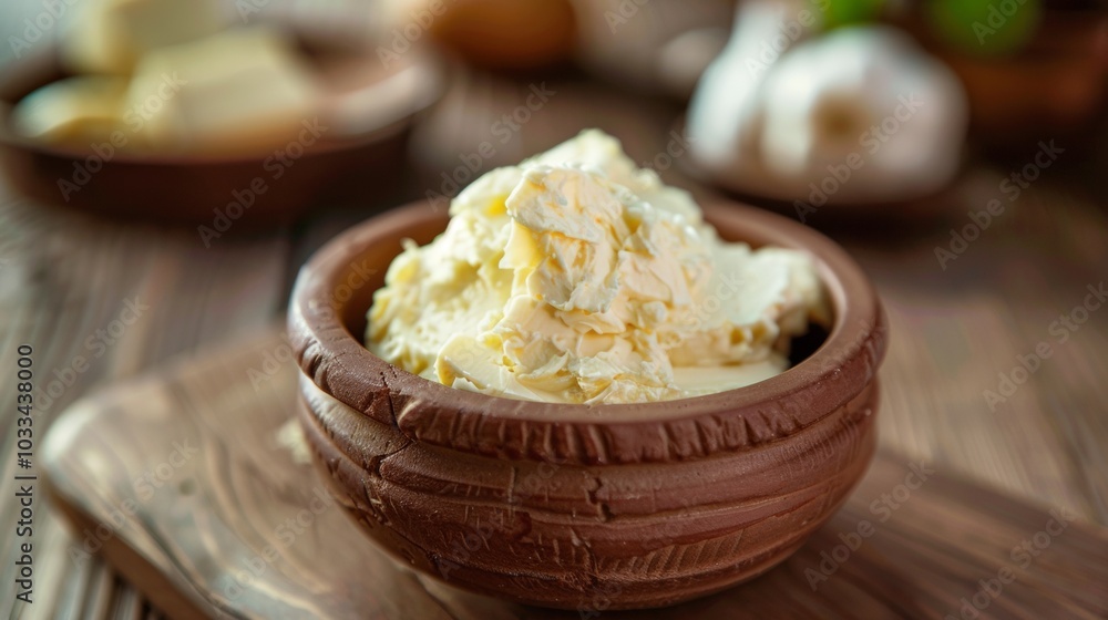 Freshly prepared homemade white butter kept in a clay bowl Freshly prepared homemade white butter kept in a clay bowl