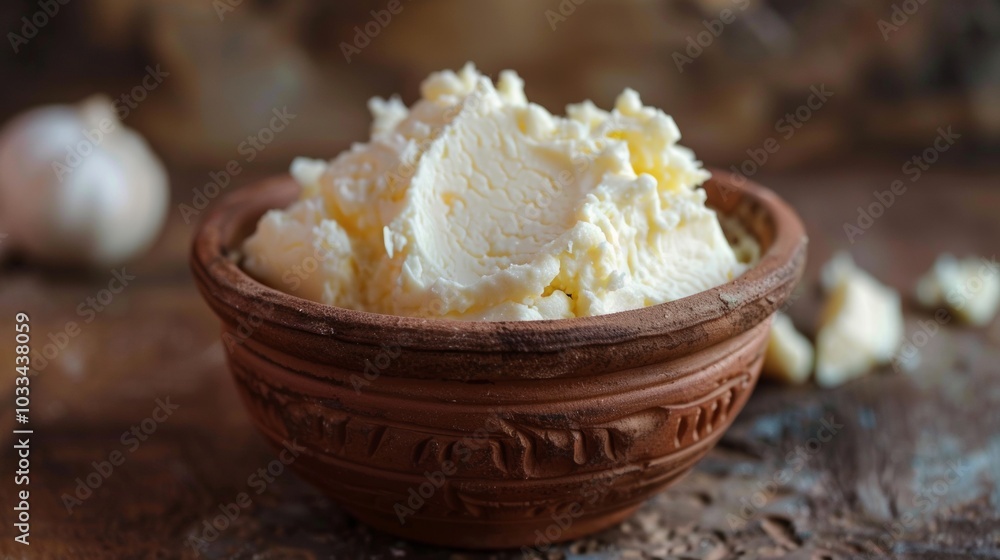 Freshly prepared homemade white butter kept in a clay bowl Freshly prepared homemade white butter kept in a clay bowl