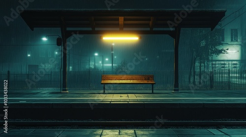 Empty train station platform at night with glowing lights and a single bench