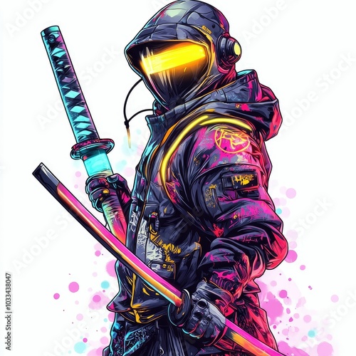 of a warrior wielding a glowing neon katana set against a stark white background with graffiti inspired style and intense neon colors photo