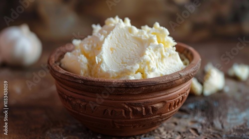 Freshly prepared homemade white butter kept in a clay bowl