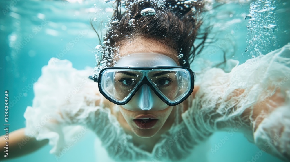 Naklejka premium A dramatic underwater exploration captured as a woman swims elegantly in a white gown, evoking a sense of ethereal beauty and mystery amid clear waters.