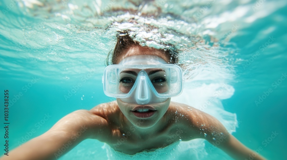 Fototapeta premium A person captures an exciting underwater adventure, wearing goggles and swimming through clear blue waters. The moment is filled with curiosity and exploration.