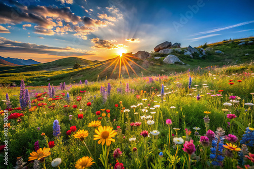Breathtaking wildflowers bloom in vibrant colors under stunning sunset, creating picturesque landscape filled with joy and tranquility. suns rays illuminate scene, enhancing beauty of nature
