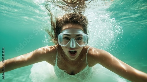 A woman glides underwater, leaving a trail of bubbles as she explores the ocean depths. Her movement is full of energy and embodies a sense of freedom and vitality. photo