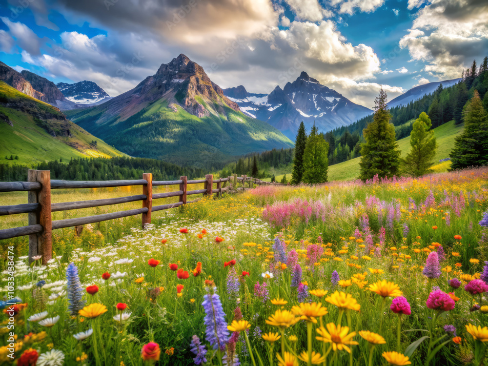 Fototapeta premium breathtaking landscape featuring dazzling array of wildflowers in vibrant hues, set against majestic mountains and clear blue sky. scene evokes sense of tranquility and natural beauty