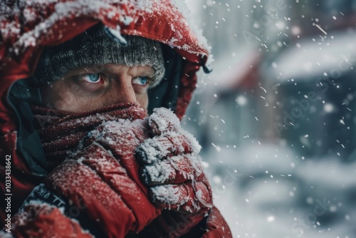 Frozen man in red winter clothes warming hands, cold, snow, frost, blizzard photo