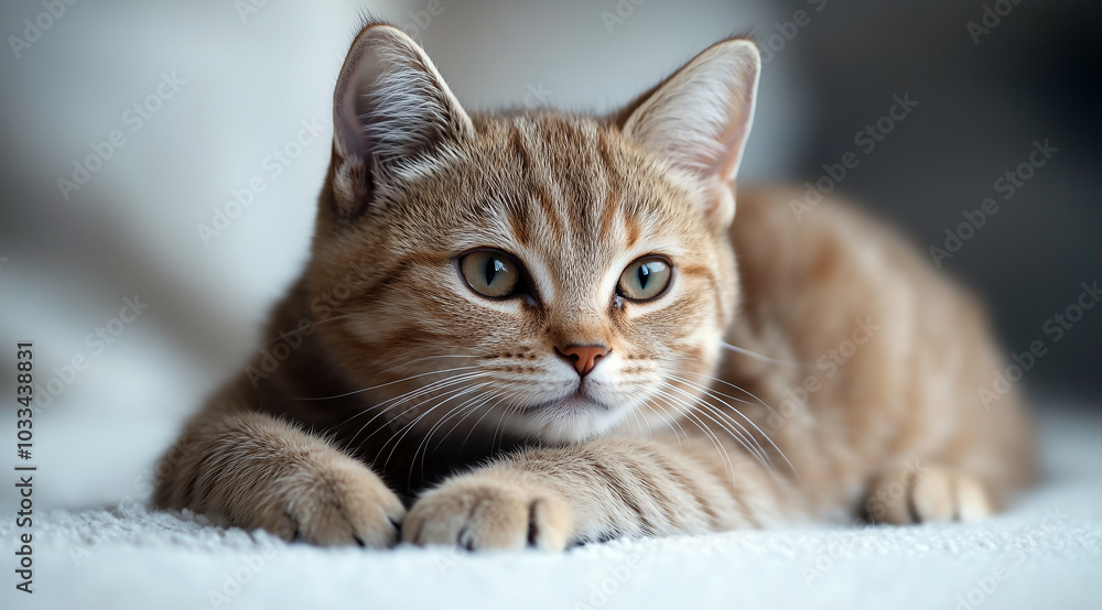 A cute light brown cat is lying on the white carpet, looking at the viewer with big eyes and paws hanging down A cute light brown cat is lying on the white carpet, looking at the viewer with big eyes and paws hanging down