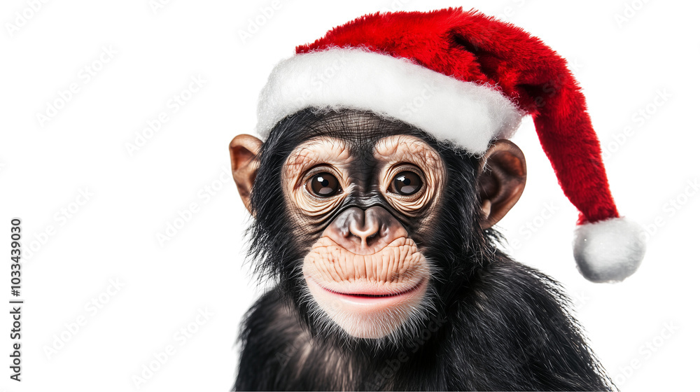 A charming backyard Christmas portrait of a funny, cute chimpanzee wearing a Santa hat ,on a transparent background cutout,
A charming backyard Christmas portrait of a funny, cute chimpanzee wearing a Santa hat ,on a transparent background cutout,
