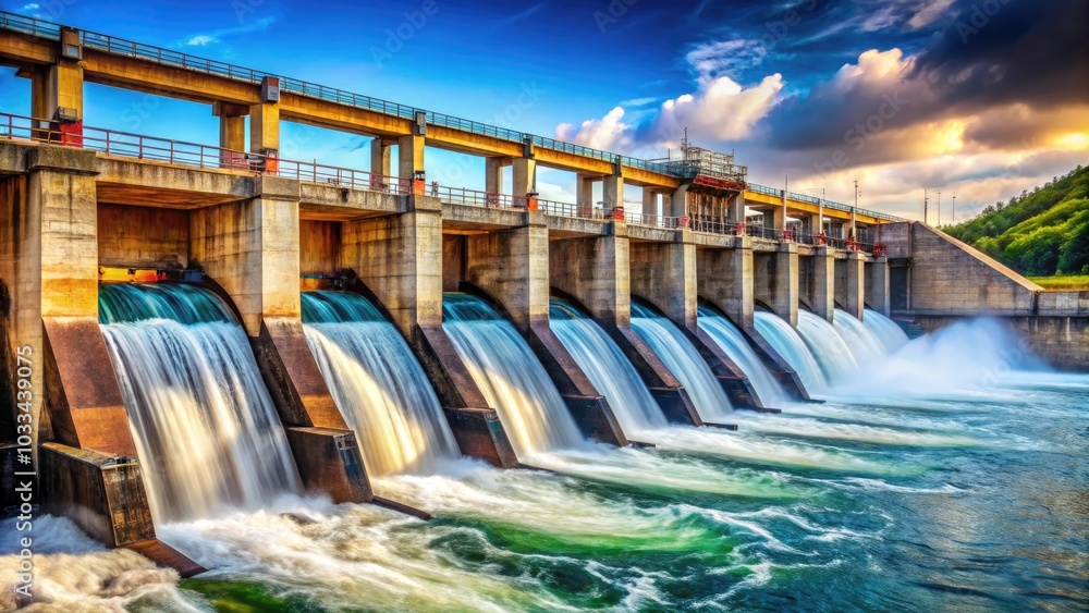 Macro Photography of Power Generation Dam Utilizing Water Energy, Capturing Turbines, Flowing Water, and Infrastructure in Detail for Renewable Energy and Environmental Sustainability Macro Photography of Power Generation Dam Utilizing Water Energy, Capturing Turbines, Flowing Water, and Infrastructure in Detail for Renewable Energy and Environmental Sustainability