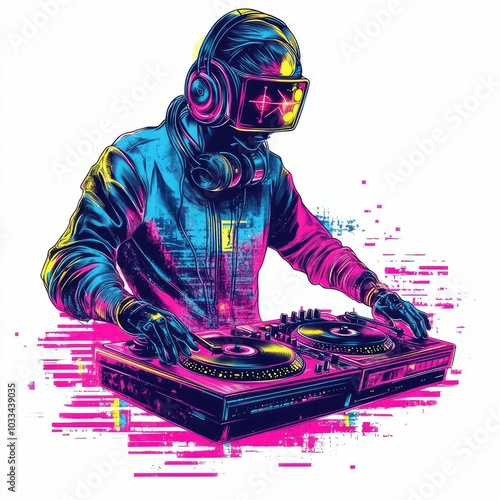 Cyber enhanced DJ performing on vibrant neon lit retro turntables surrounded by dynamic digital soundscapes and futuristic design elements  Creative and energetic of a modern electronic music photo