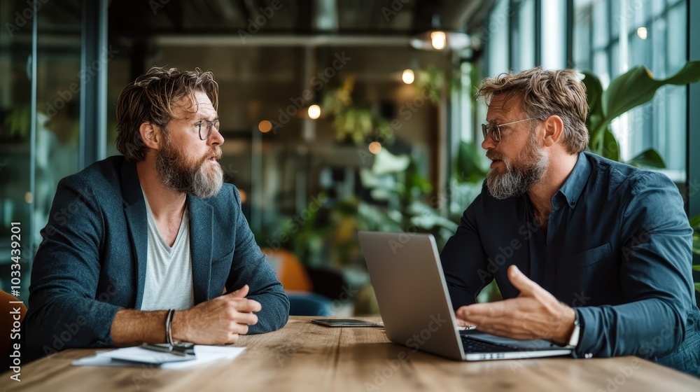 In a modern office setting, two businessmen engaged in a detailed conversation display mutual understanding and strategic planning against a backdrop of greenery and soft lighting. In a modern office setting, two businessmen engaged in a detailed conversation display mutual understanding and strategic planning against a backdrop of greenery and soft lighting.