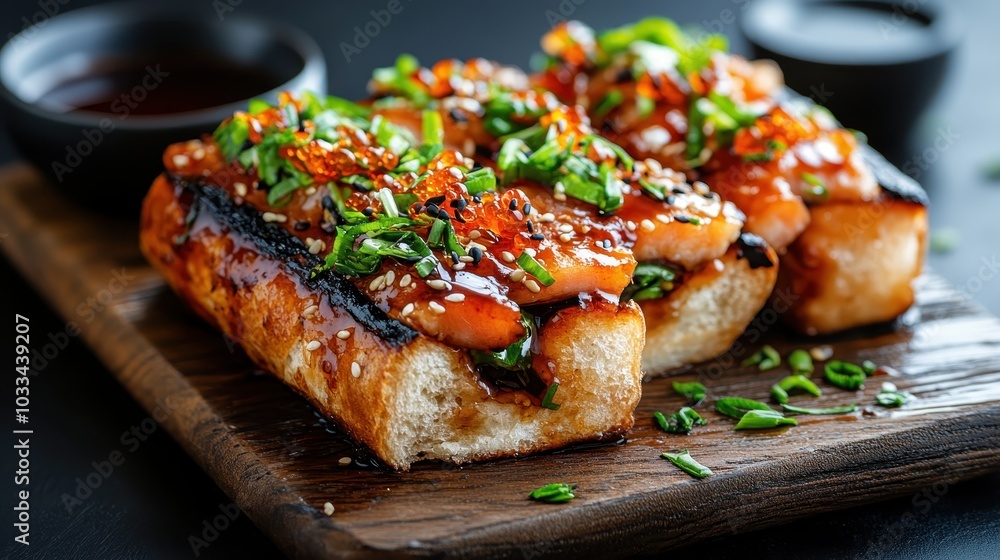 A close-up of a gourmet sandwich features perfectly toasted bread with a mouthwatering glazed chicken topping, garnished with fresh greens and sesame seeds. A close-up of a gourmet sandwich features perfectly toasted bread with a mouthwatering glazed chicken topping, garnished with fresh greens and sesame seeds.