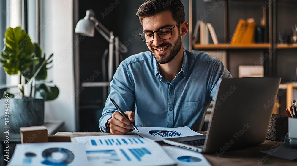 A smiling young man in a suit sits in the office at a desk and works on a laptop, typing on a keyboard, texting, working with data ai generative A smiling young man in a suit sits in the office at a desk and works on a laptop, typing on a keyboard, texting, working with data ai generative