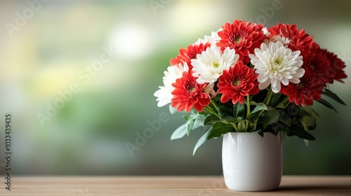 Wallpaper Mural A striking bouquet of red and white flowers elegantly arranged in a white vase, set against a blurred background, portraying beauty and sophistication in floral design. Torontodigital.ca